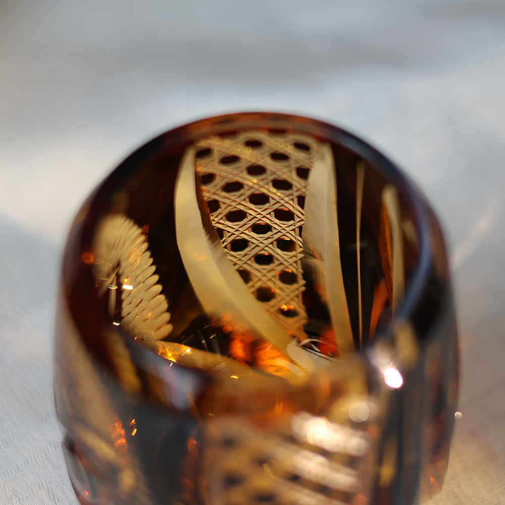 JR Edo Kiriko Hand-Cut Owl Amber Crystal Whiskey Glass