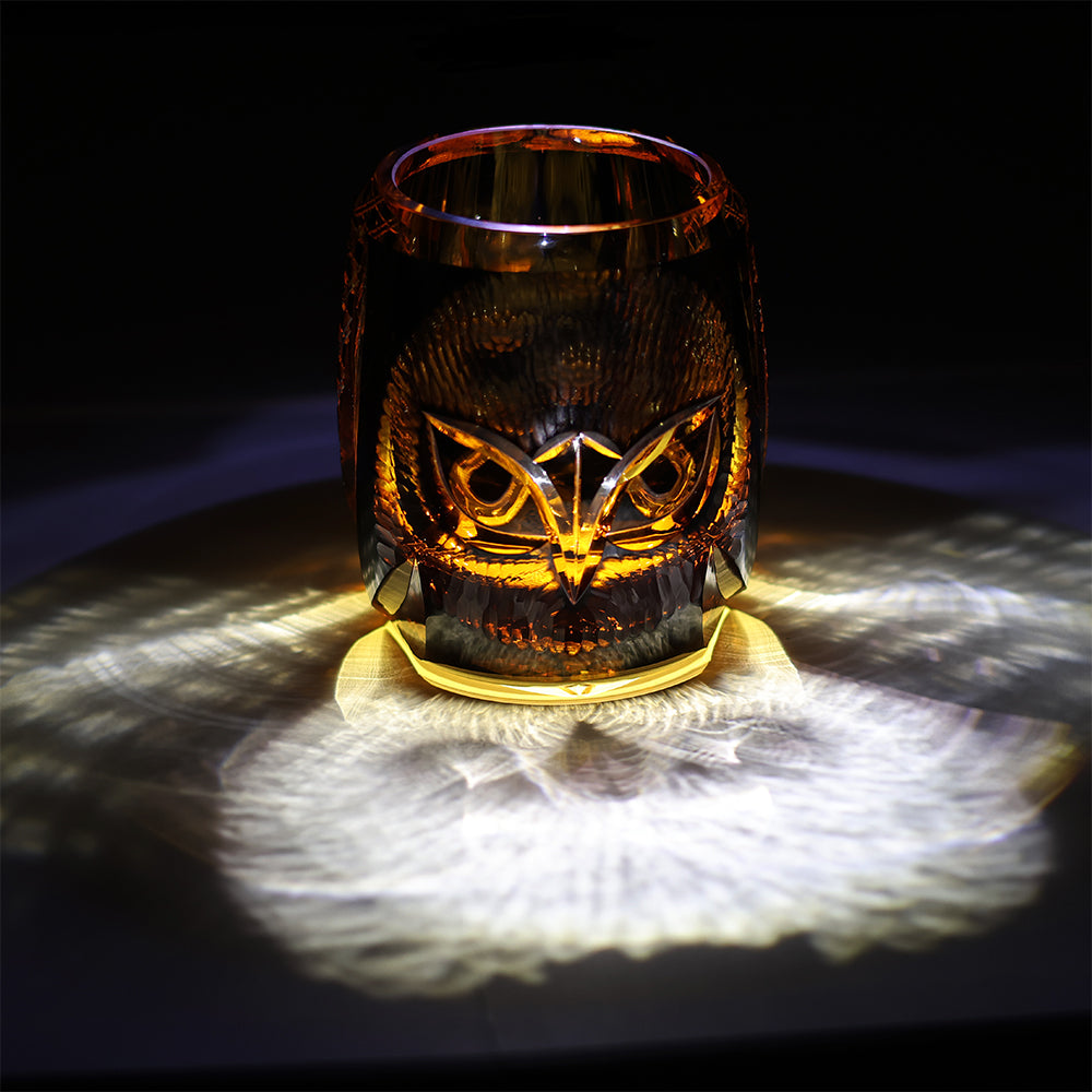 JR Edo Kiriko Hand-Cut Owl Amber Crystal Whiskey Glass
