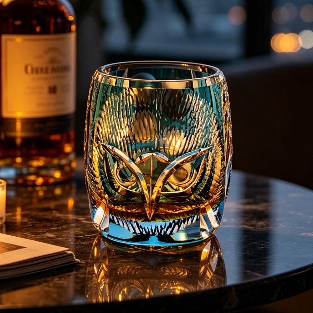JR Edo Kiriko Hand-Cut Owl Amber Crystal Whiskey Glass