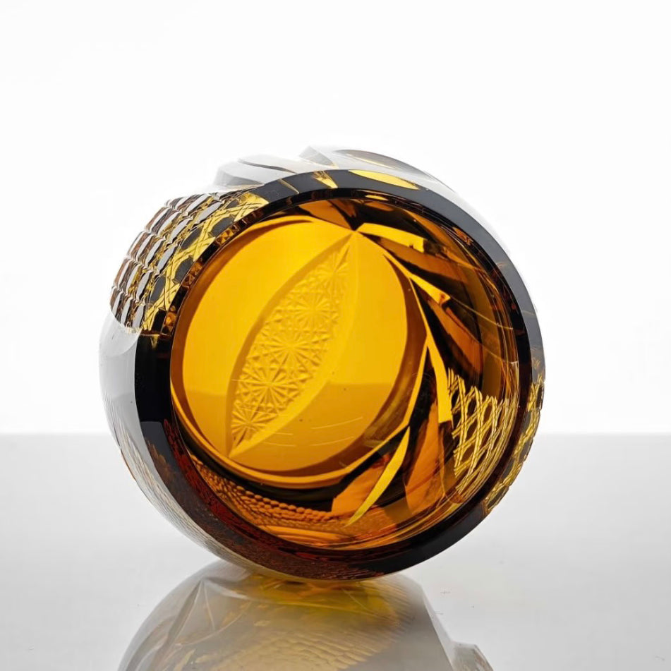 JR Edo Kiriko Hand-Cut Owl Amber Crystal Whiskey Glass