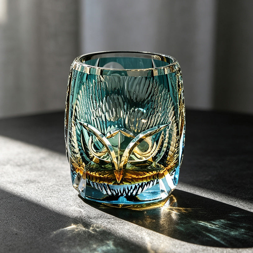 JR Edo Kiriko Hand-Cut Owl Amber Crystal Whiskey Glass