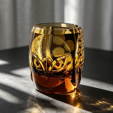 JR Edo Kiriko Hand-Cut Owl Amber Crystal Whiskey Glass