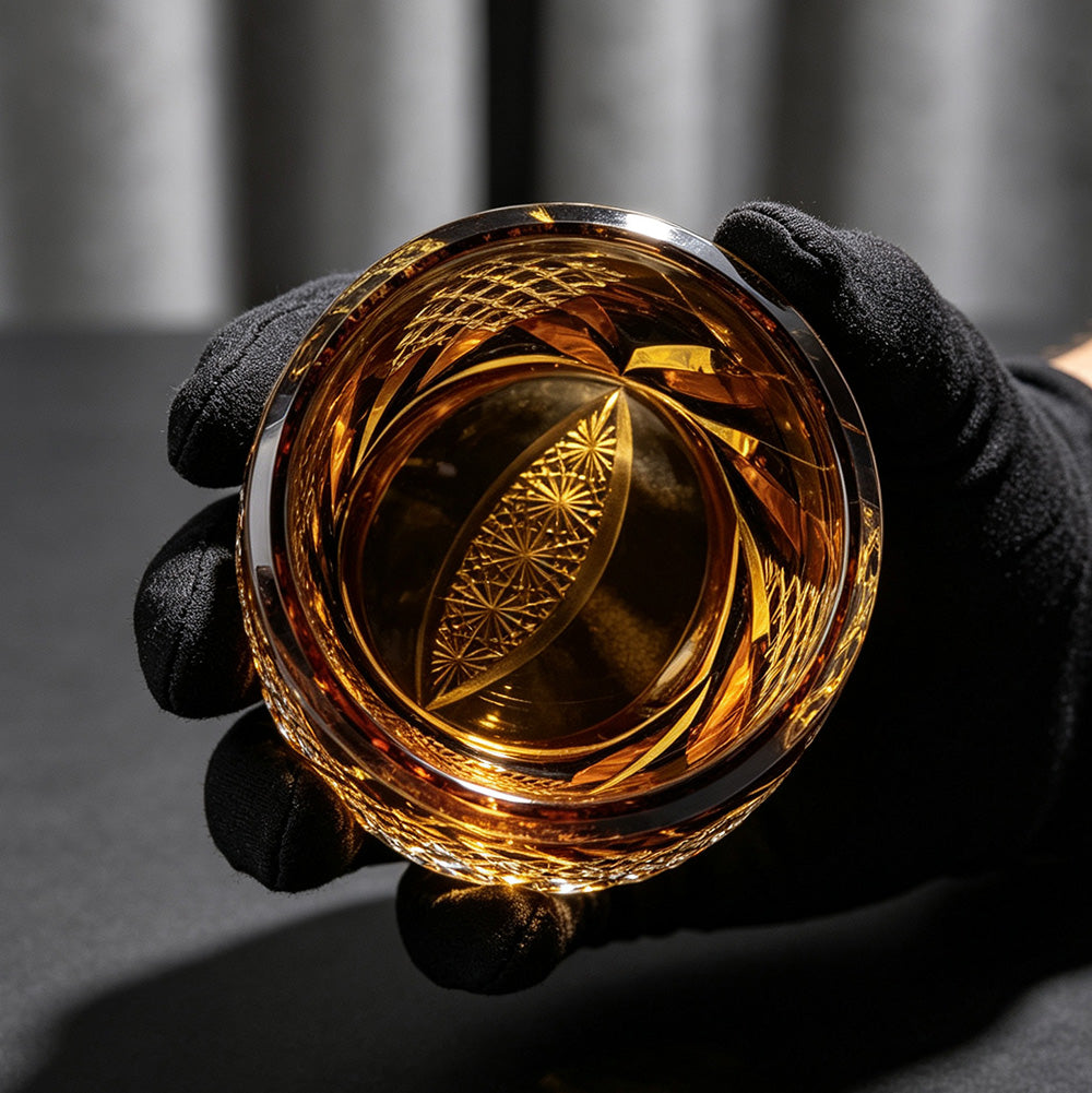 JR Edo Kiriko Hand-Cut Owl Amber Crystal Whiskey Glass