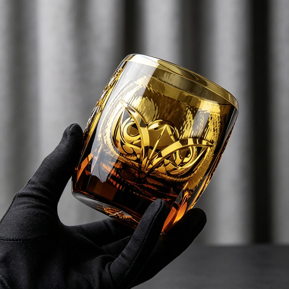 JR Edo Kiriko Hand-Cut Owl Amber Crystal Whiskey Glass