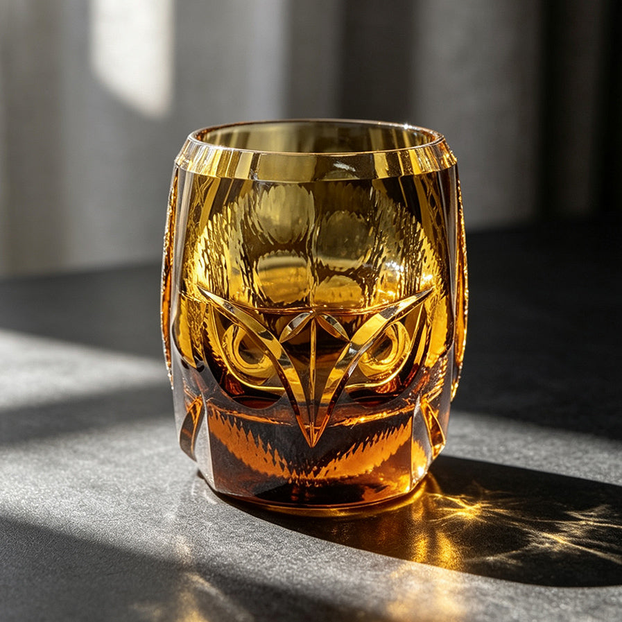 JR Edo Kiriko Hand-Cut Owl Amber Crystal Whiskey Glass