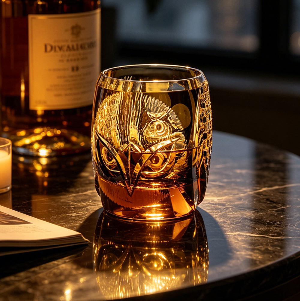 JR Edo Kiriko Hand-Cut Owl Amber Crystal Whiskey Glass