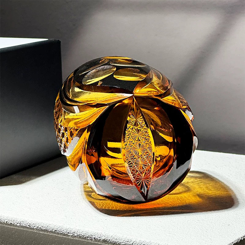 JR Edo Kiriko Hand-Cut Owl Amber Crystal Whiskey Glass
