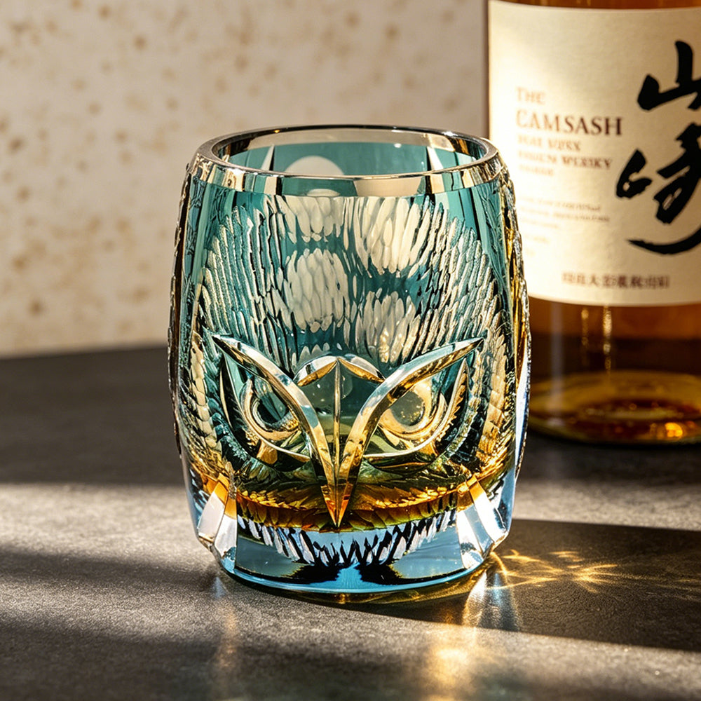 JR Edo Kiriko Hand-Cut Owl Amber Crystal Whiskey Glass