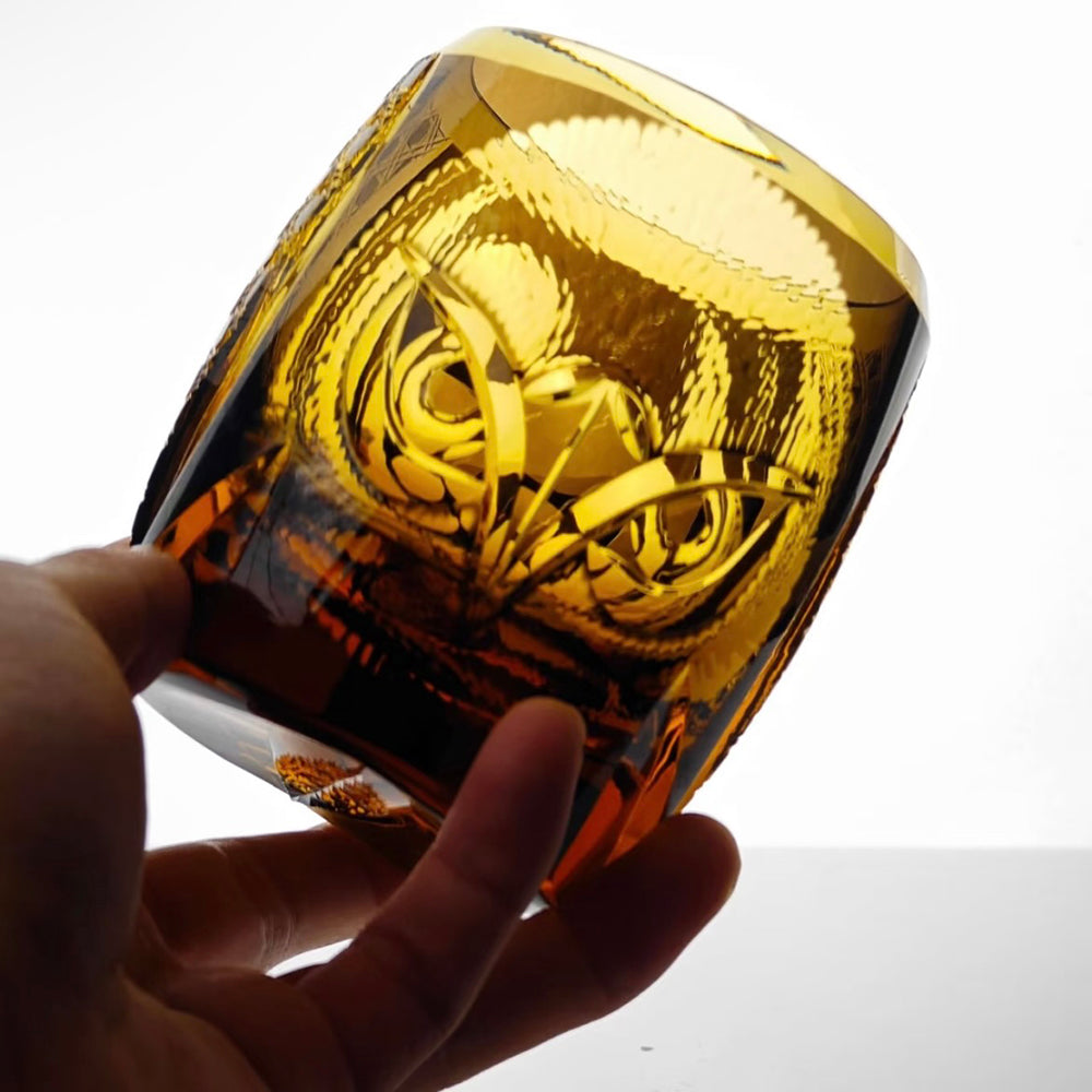 JR Edo Kiriko Hand-Cut Owl Amber Crystal Whiskey Glass