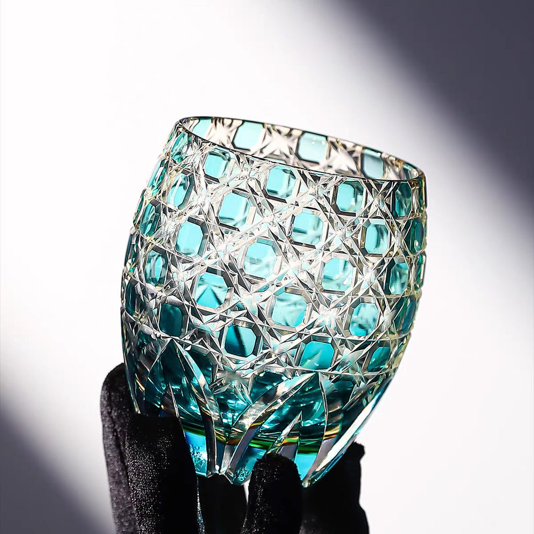 JR Edo Kiriko Hand-cut Kagome Teal Blue Crystal Whiskey Glass