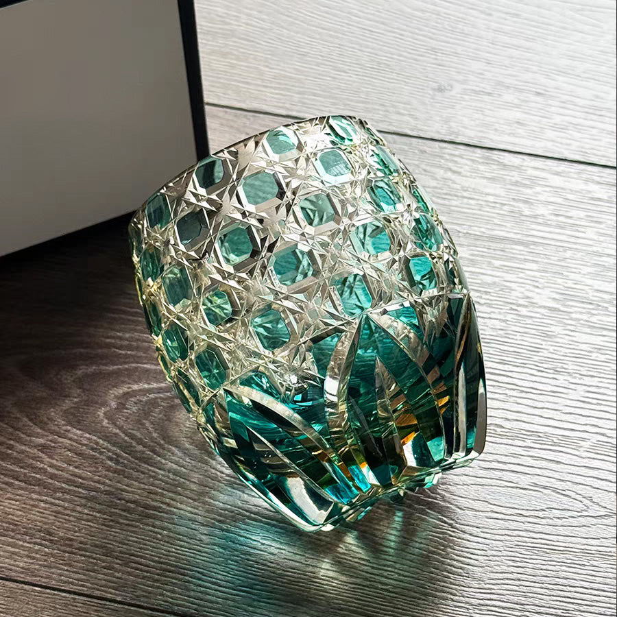 JR Edo Kiriko Hand-cut Kagome Teal Blue Crystal Whiskey Glass
