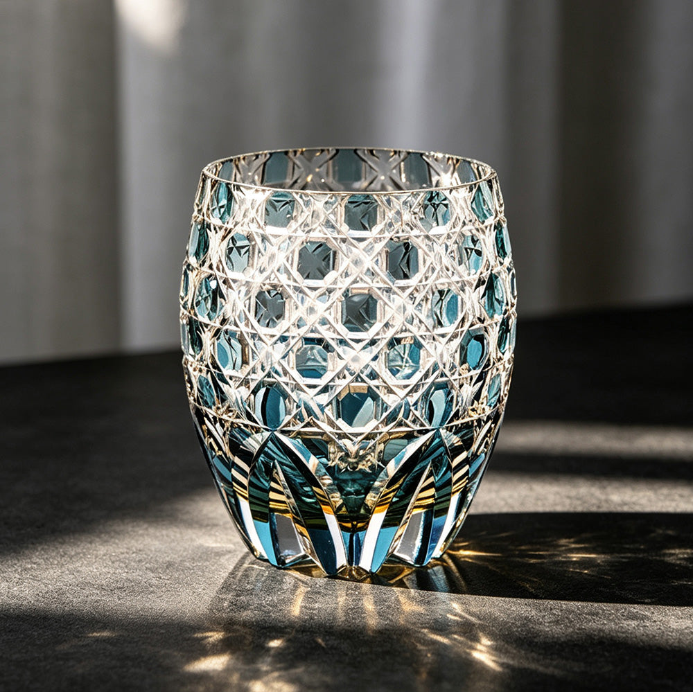 JR Edo Kiriko Hand-cut Kagome Teal Blue Crystal Whiskey Glass