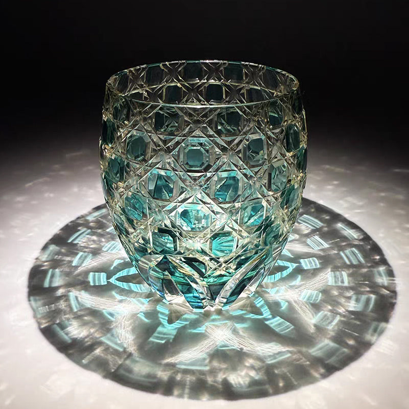 JR Edo Kiriko Hand-cut Kagome Teal Blue Crystal Whiskey Glass