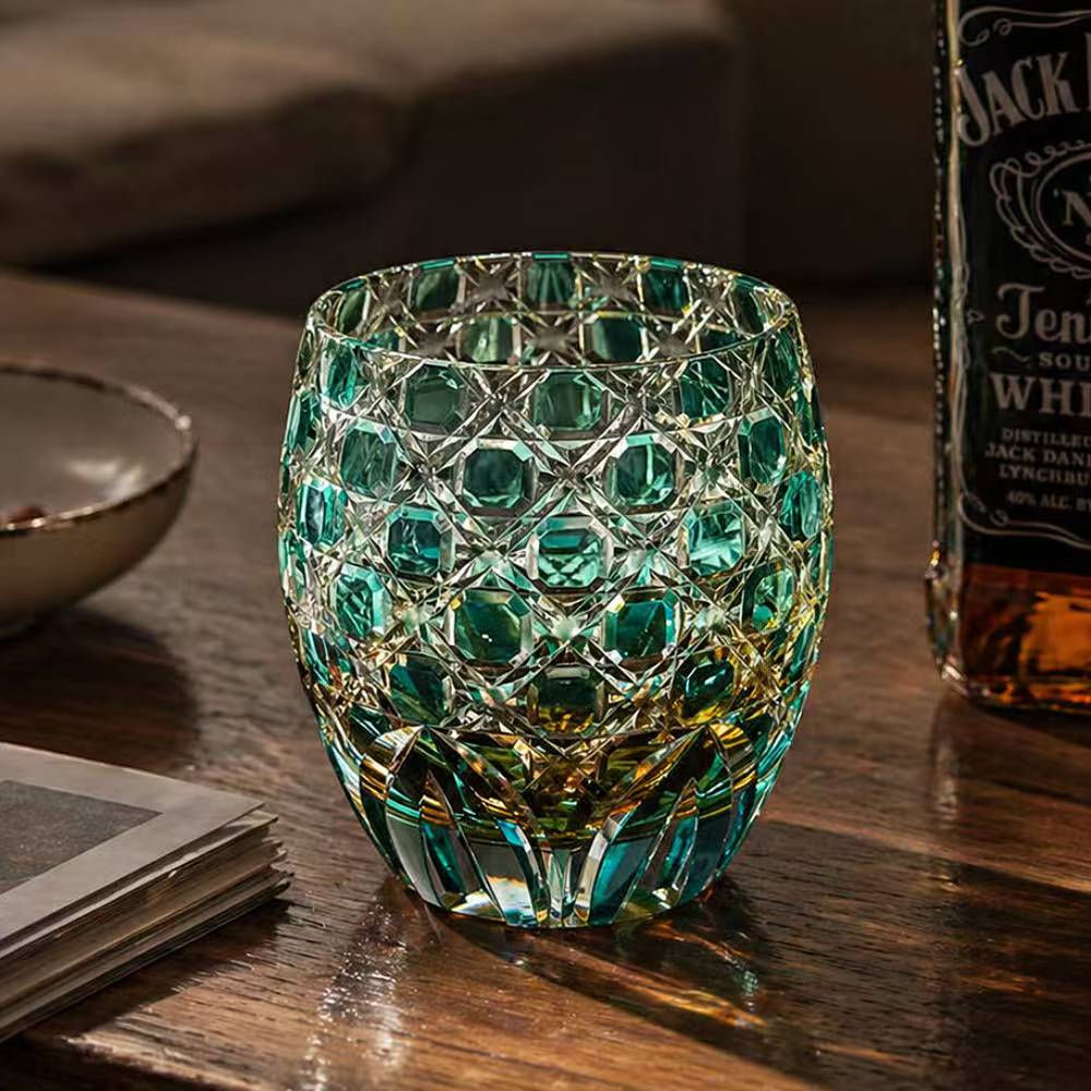 JR Edo Kiriko Hand-cut Kagome Teal Blue Crystal Whiskey Glass