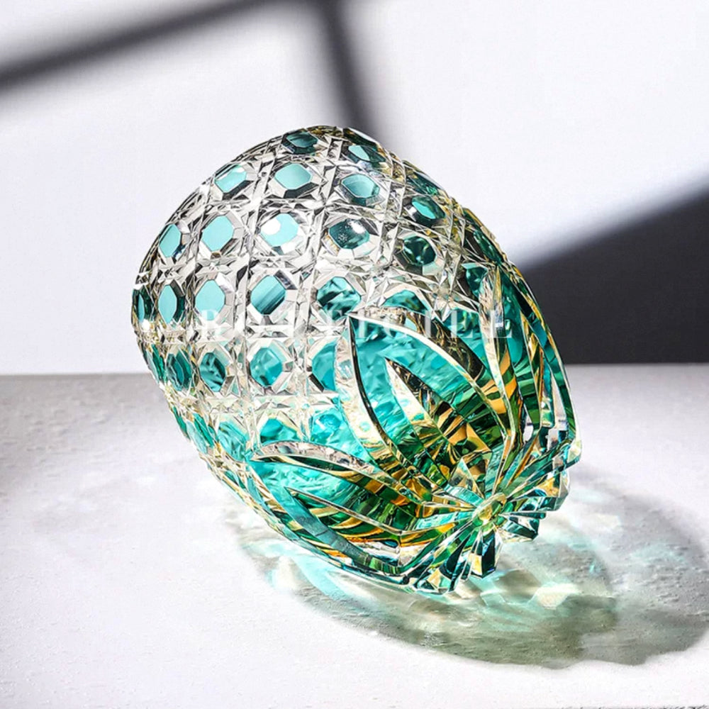 JR Edo Kiriko Hand-cut Kagome Teal Blue Crystal Whiskey Glass