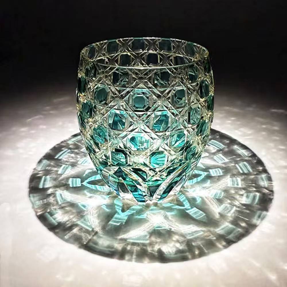 JR Edo Kiriko Hand-cut Kagome Teal Blue Crystal Whiskey Glass