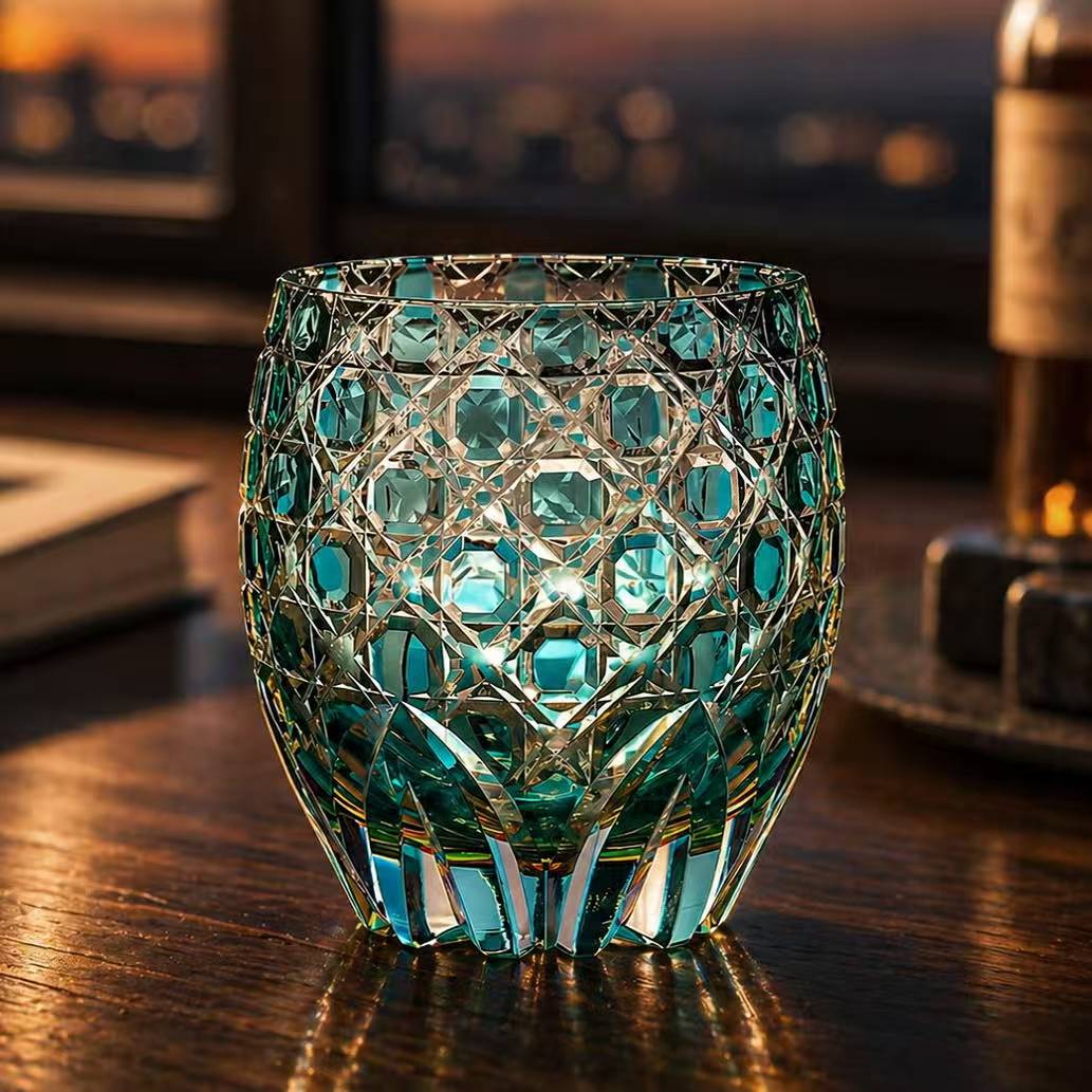 JR Edo Kiriko Hand-cut Kagome Teal Blue Crystal Whiskey Glass