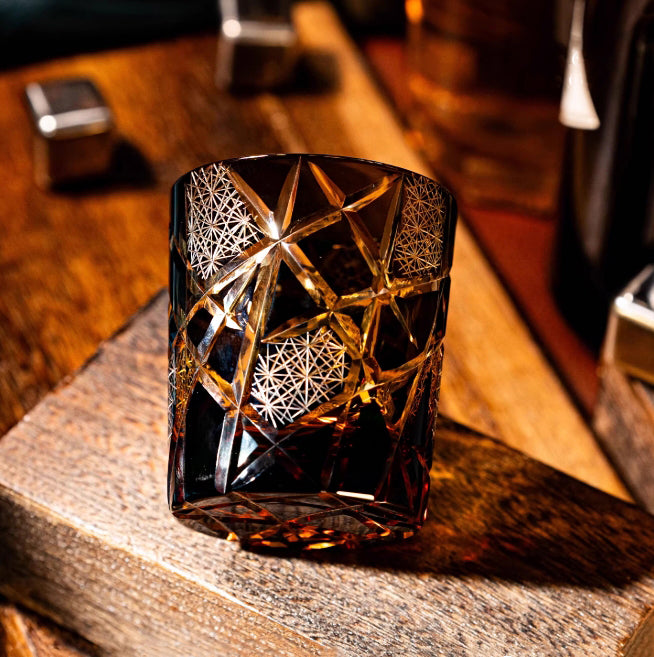 Edo Kiriko Handcrafted Amber Black Lightning Whiskey Glass