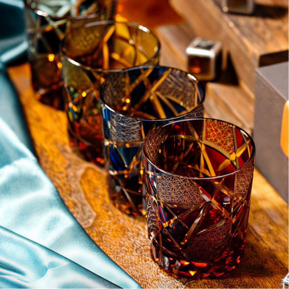 Edo Kiriko Handcrafted Amber Black Lightning Whiskey Glass