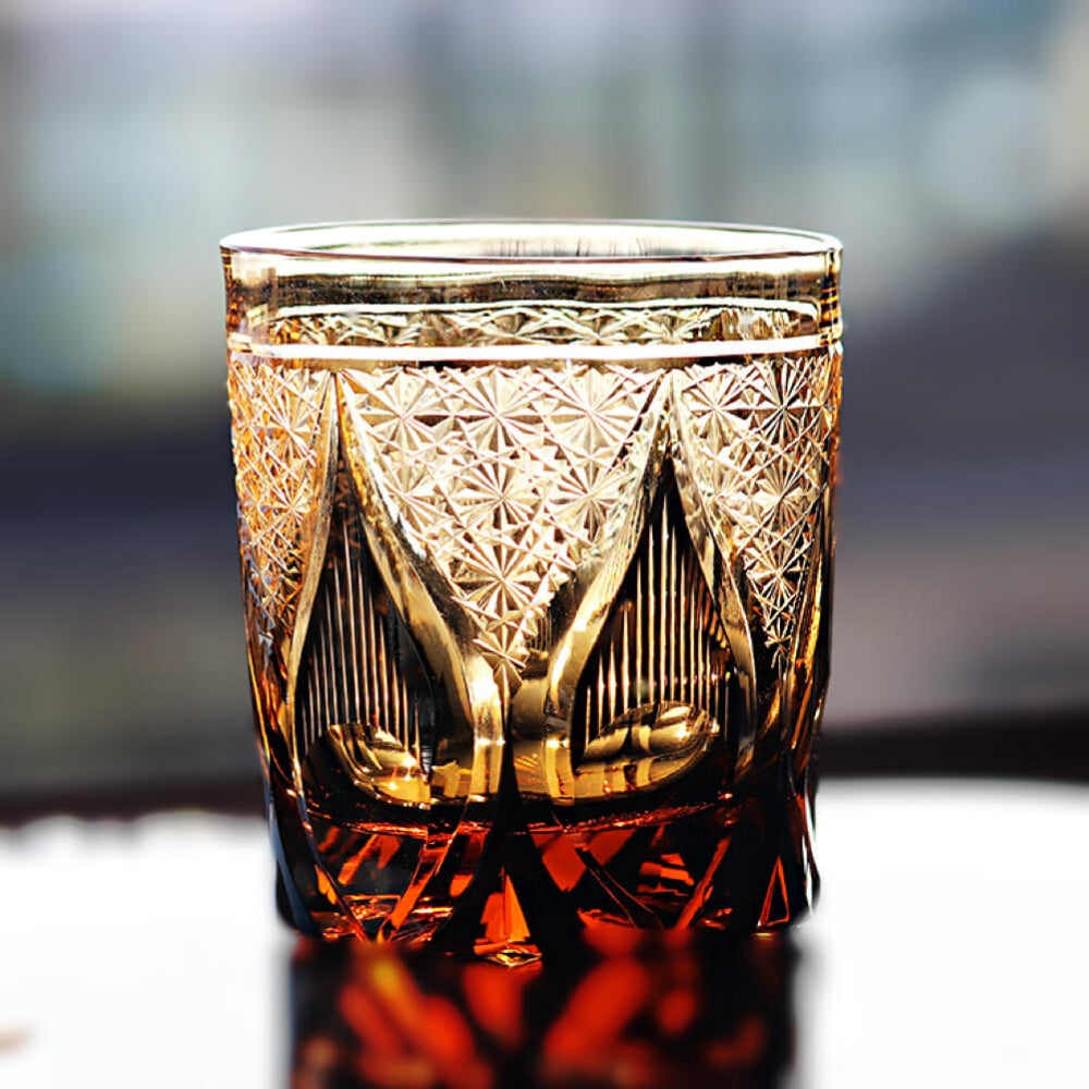 Edo Kiriko Handcrafted Amber Candlelight Whiskey Glass