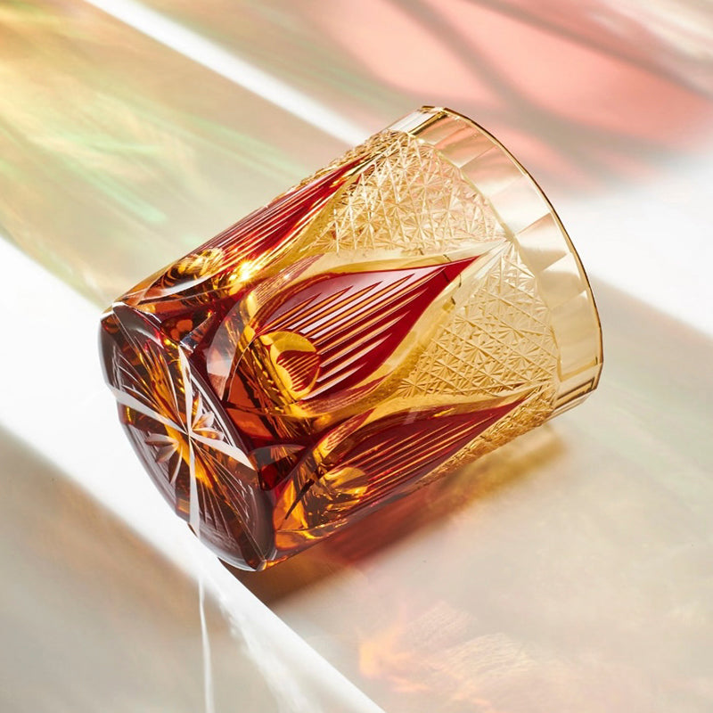 Edo Kiriko Handcrafted Amber Candlelight Whiskey Glass