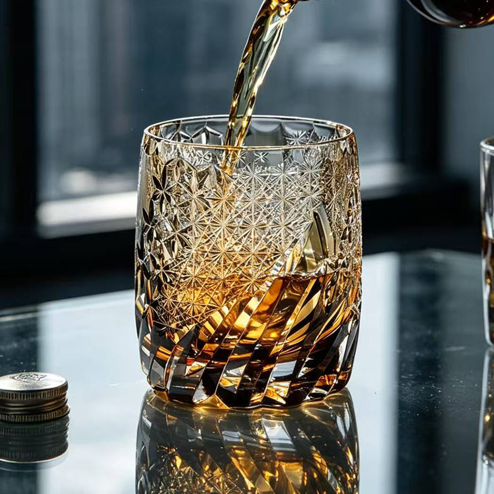 JR Edo Kiriko Handcrafted Amber Whiskey Glass