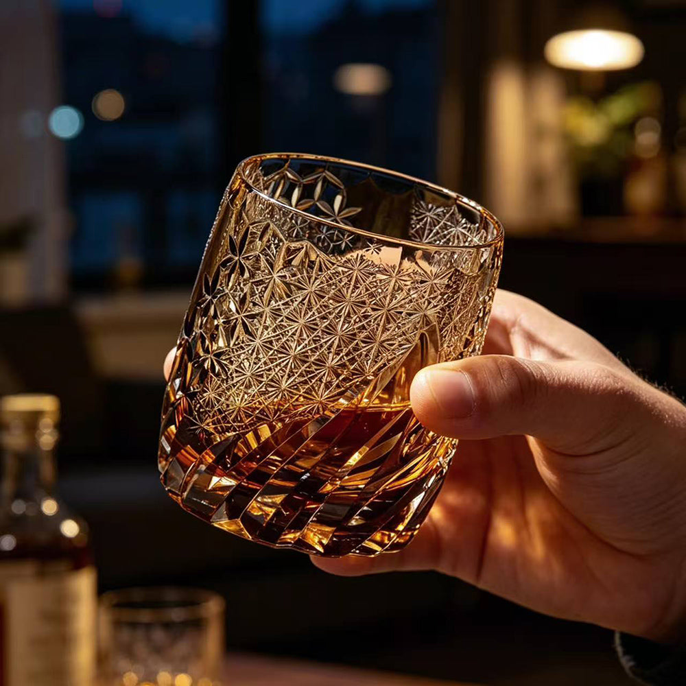 JR Edo Kiriko Handcrafted Amber Whiskey Glass