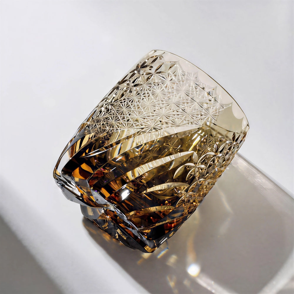 Edo Kiriko Handcrafted Amber Whiskey Glass