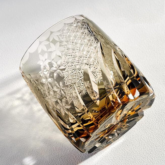 Edo Kiriko Handcrafted Amber Whiskey Glass