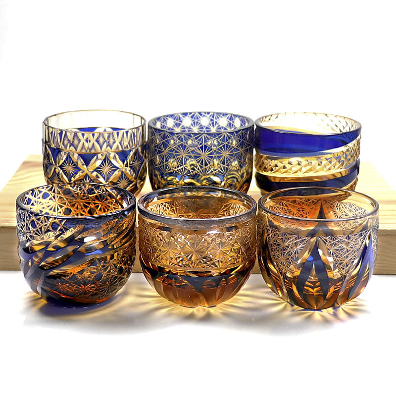 Edo Kiriko Handcrafted Blue-Amber Crystal Sake Glass