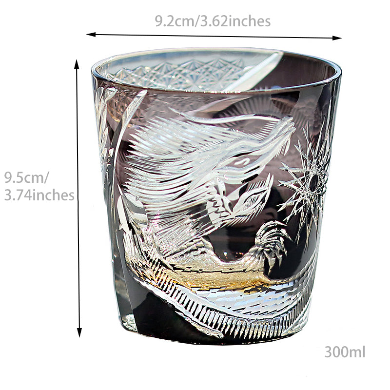 Glass tumbler with engraved design, dimensions, and capacity shown on a white background