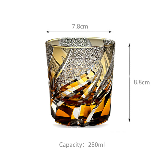 Crystal glass tumbler with measurements and capacity on a white background