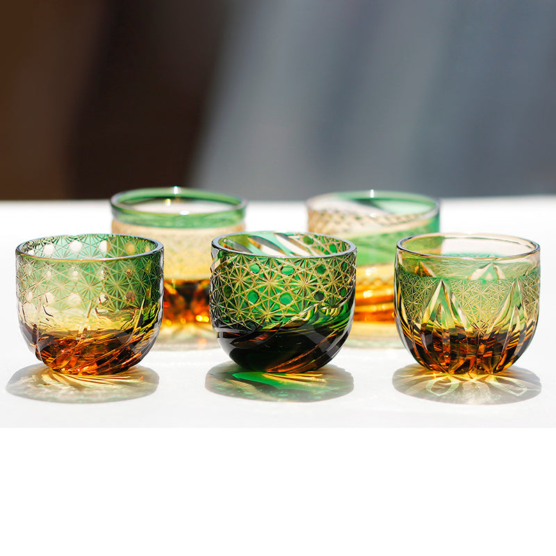 Edo Kiriko Handcrafted Green-Amber Crystal Sake Glass