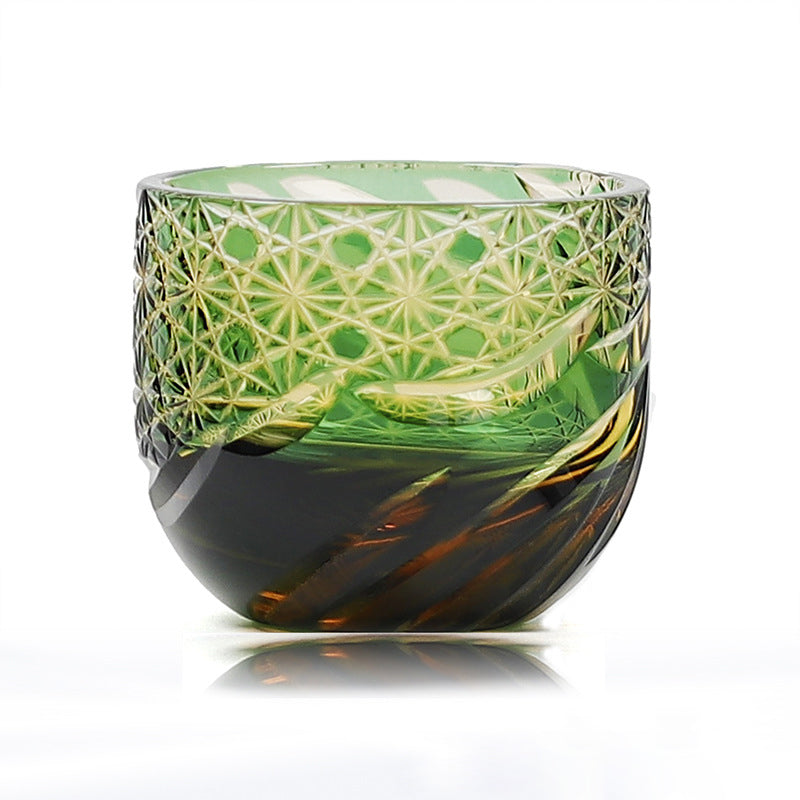 Edo Kiriko Handcrafted Green-Amber Crystal Sake Glass