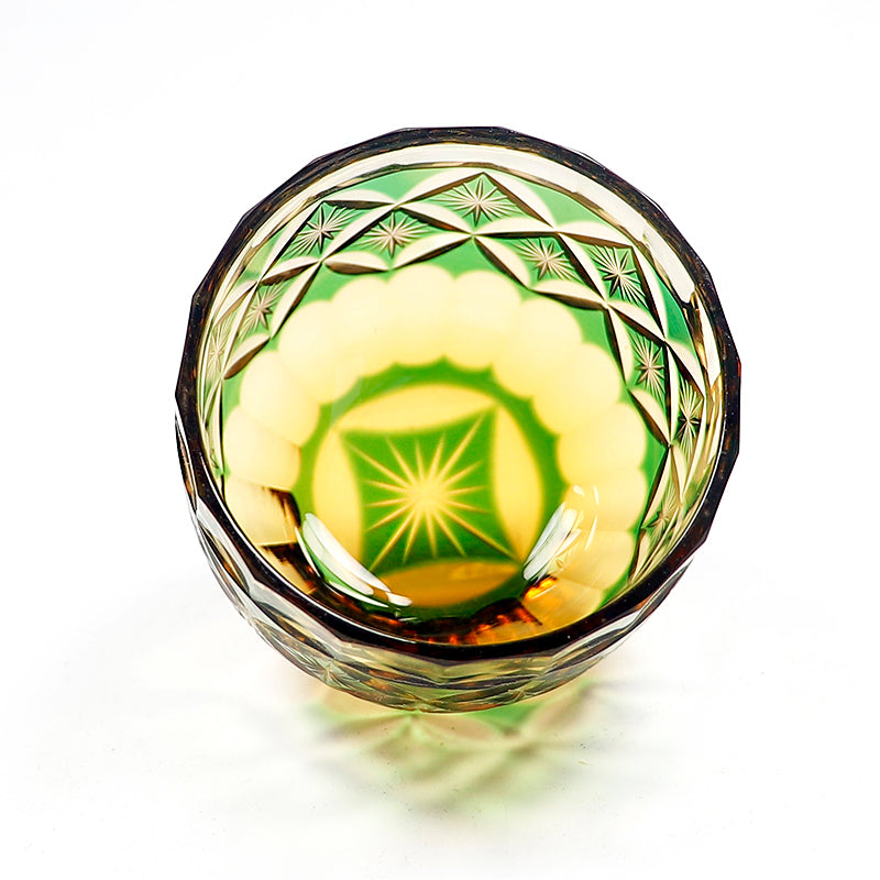 Edo Kiriko Handcrafted Green-Amber Crystal Sake Glass
