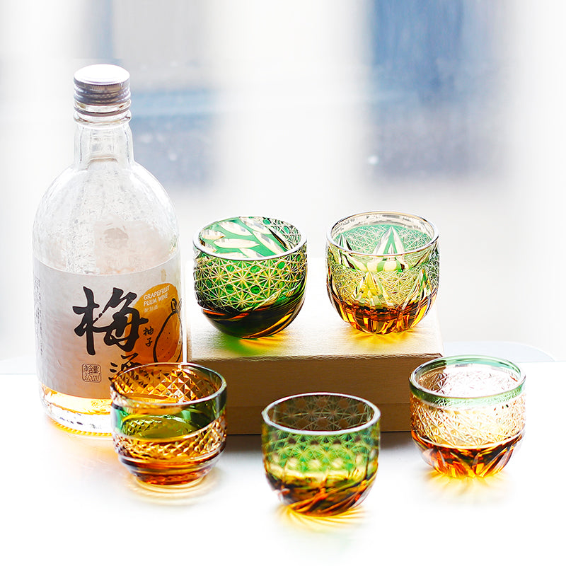 Edo Kiriko Handcrafted Green-Amber Crystal Sake Glass