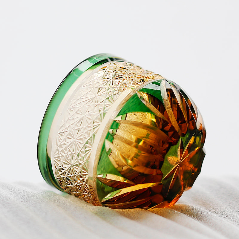 Edo Kiriko Handcrafted Green-Amber Crystal Sake Glass