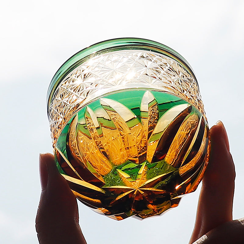 Edo Kiriko Handcrafted Green-Amber Crystal Sake Glass