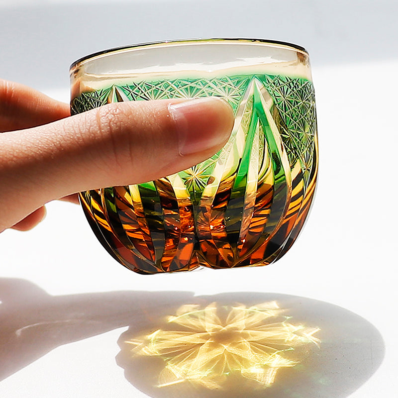 Edo Kiriko Handcrafted Green-Amber Crystal Sake Glass