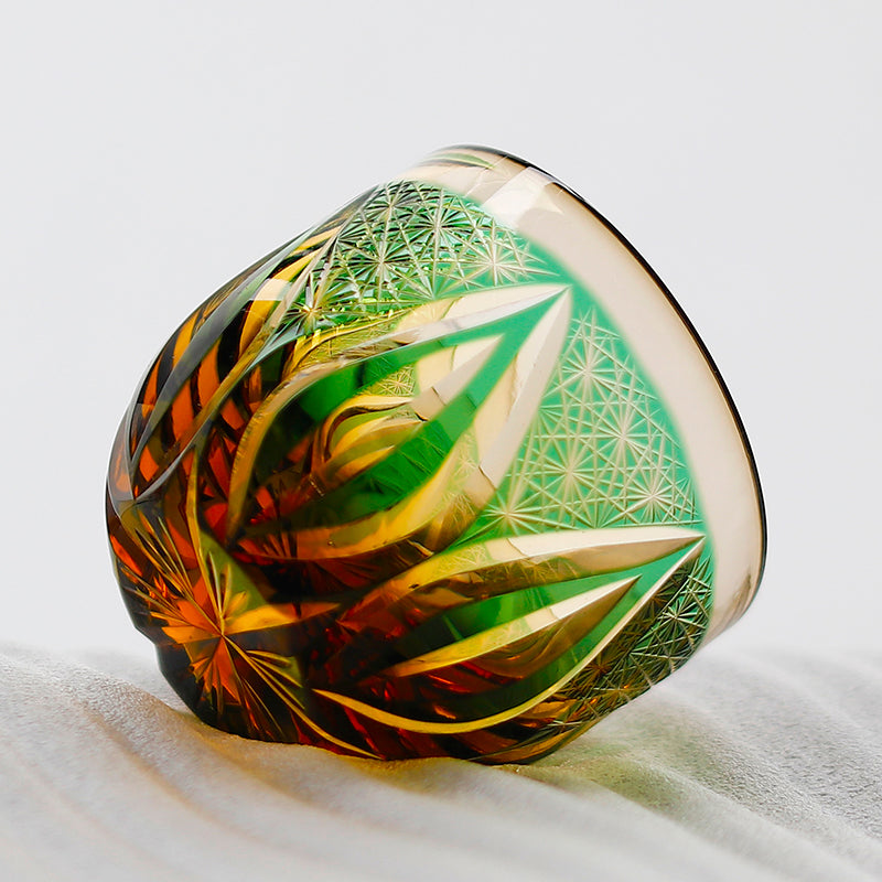 Edo Kiriko Handcrafted Green-Amber Crystal Sake Glass