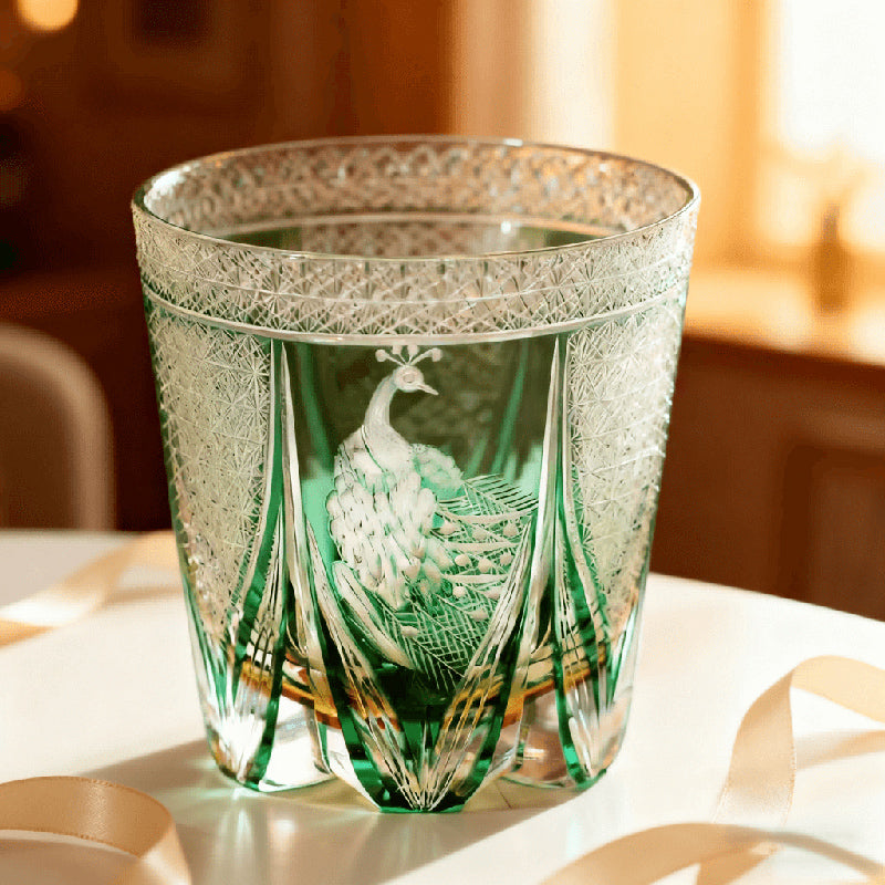 Edo Kiriko Handcrafted Peacock Motif Whiskey Glass