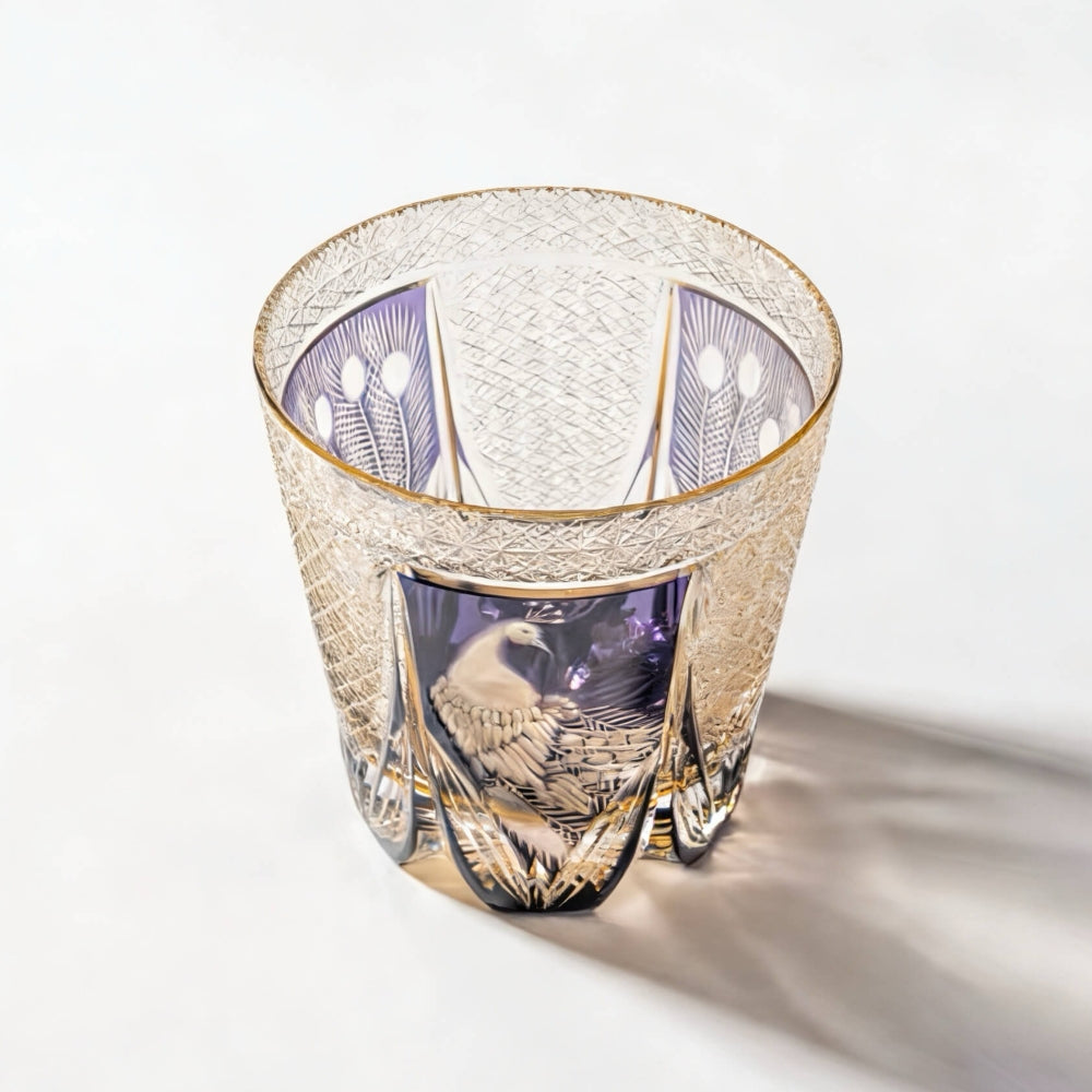 Edo Kiriko Handcrafted Peacock Motif Whiskey Glass