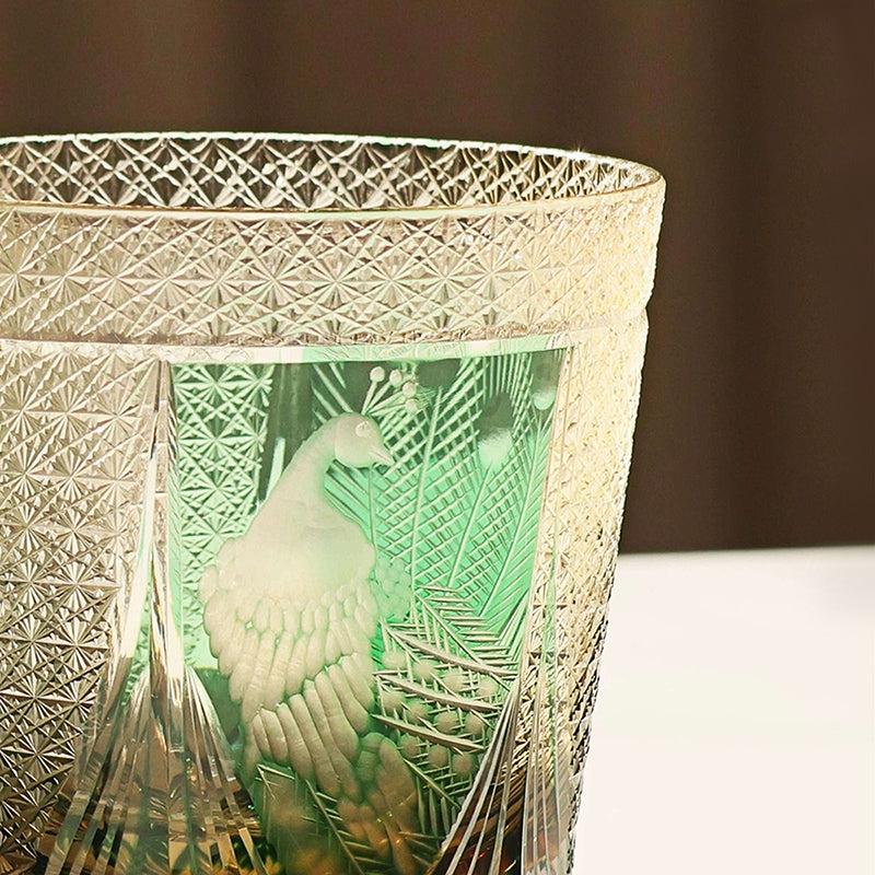 Edo Kiriko Handcrafted Peacock Motif Whiskey Glass
