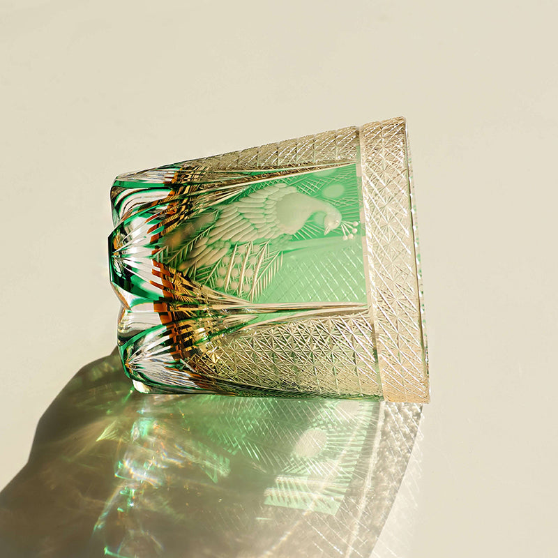 Edo Kiriko Handcrafted Peacock Motif Whiskey Glass