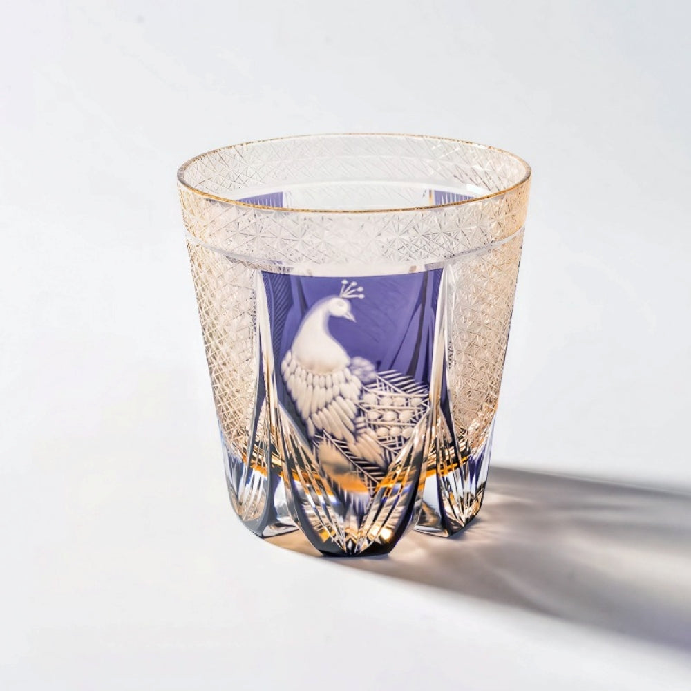 Edo Kiriko Handcrafted Peacock Motif Whiskey Glass