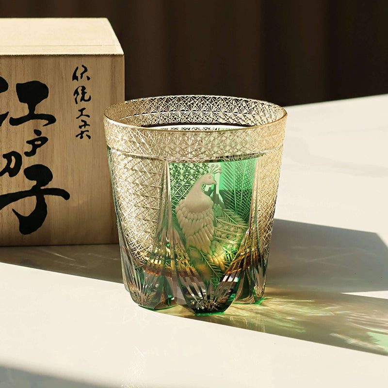 Edo Kiriko Handcrafted Peacock Motif Whiskey Glass
