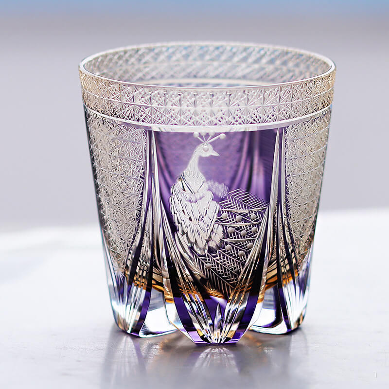 Edo Kiriko Handcrafted Peacock Motif Whiskey Glass