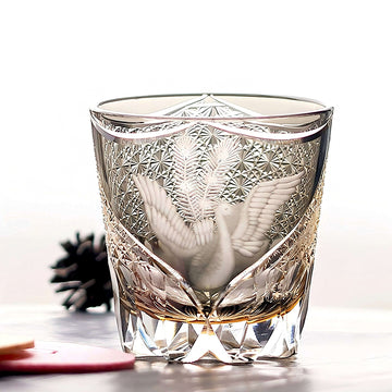 Edo Kiriko Handcrafted Peacock Pattern Whiskey Glass Gray Phoenix