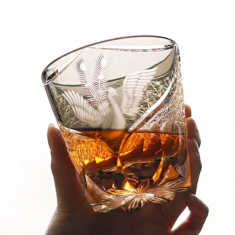 Edo Kiriko Handcrafted Peacock Pattern Whiskey Glass Gray Phoenix