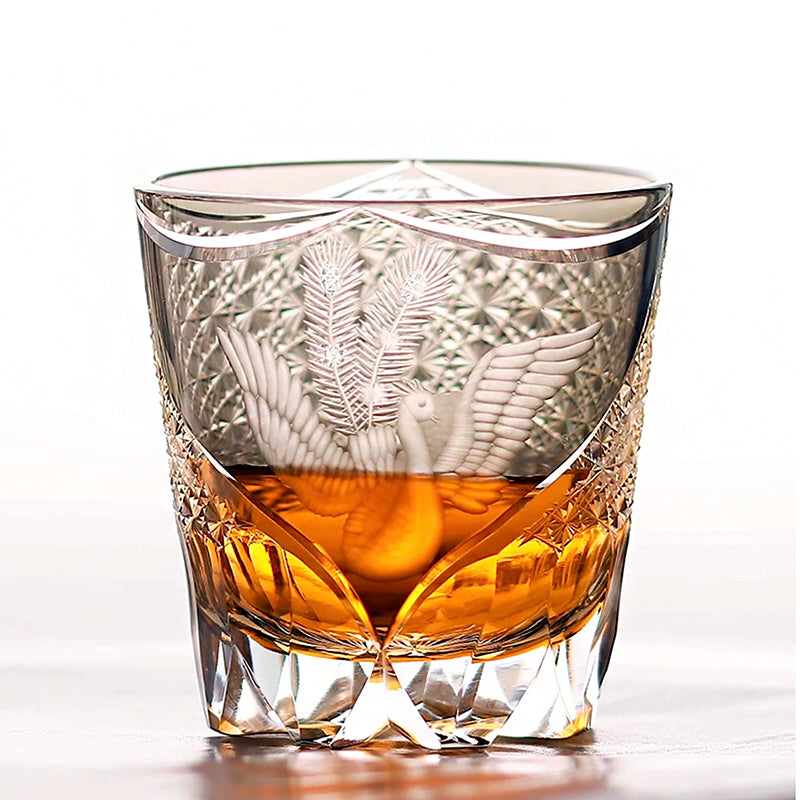 Edo Kiriko Handcrafted Peacock Pattern Whiskey Glass Gray Phoenix